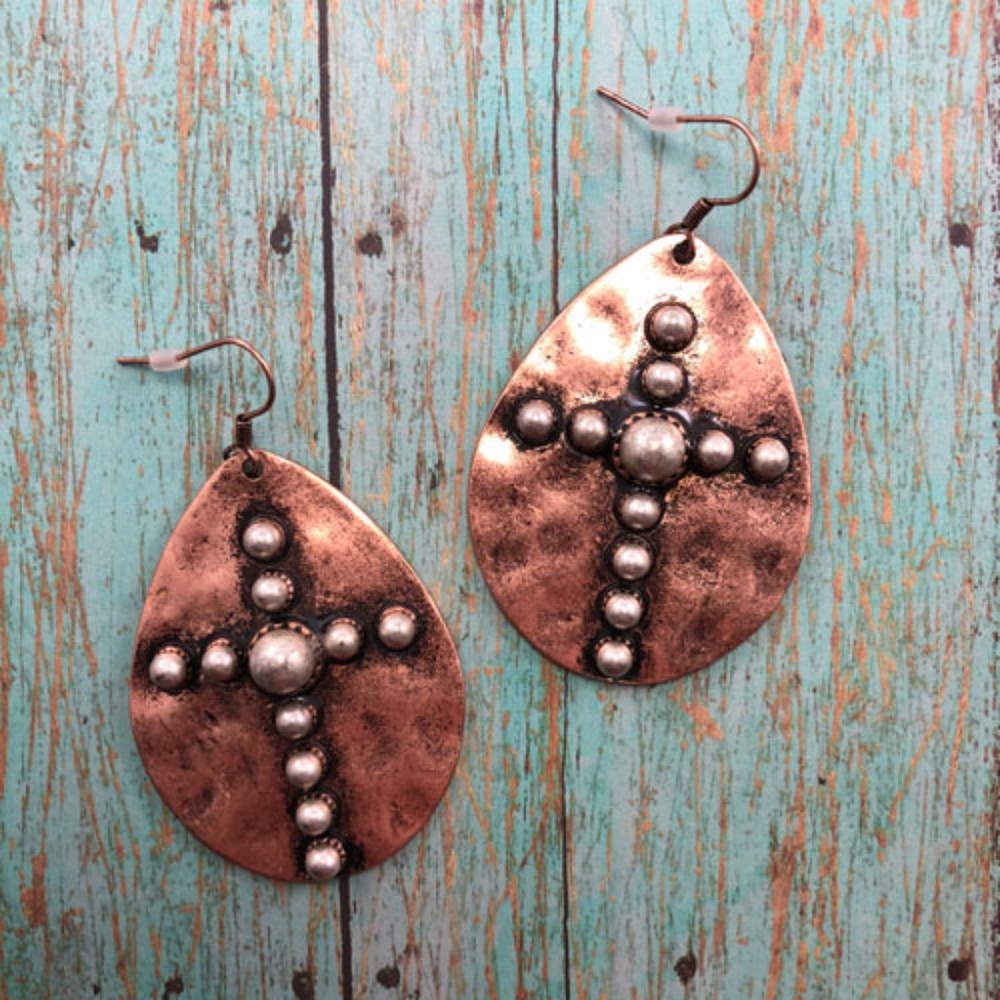NEW Copper Western Hammered Cross Concho Earrings